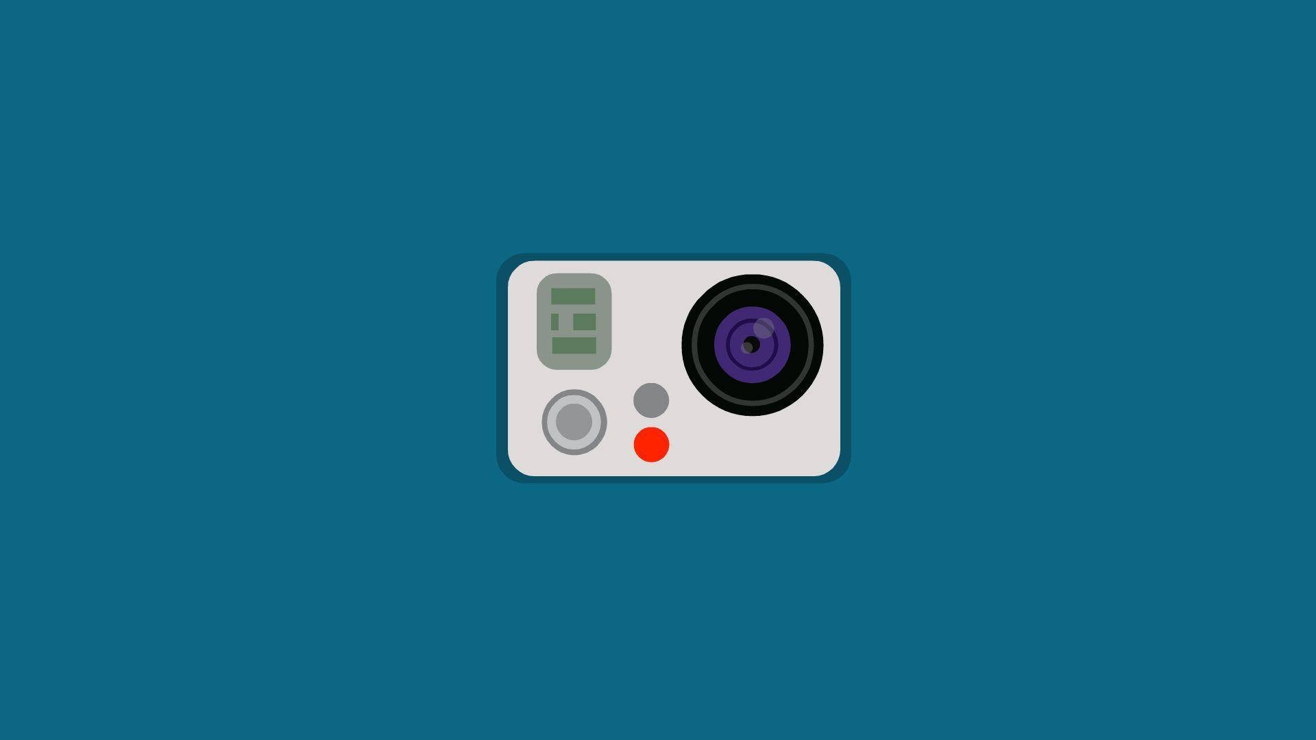 GoPro 最簡極簡數位插畫 壁紙 — 一部極簡白色運動相機，帶有紫色鏡頭和紅色按鈕，居中於純青色背景上。