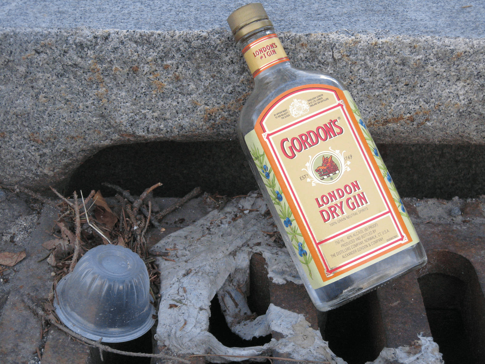 空嘅氈酒樽同膠杯被丟棄喺混凝土邊緣上，伴有樹枝。