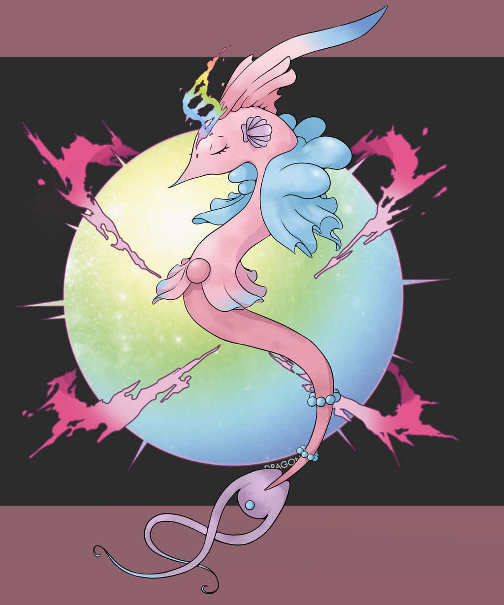 Gorebyss 的 Mega 演化 壁紙 — 一隻粉藍色、有翅膀和珍珠尾巴的海馬狀生物，優雅地環繞著一個被粉紅色油漆飛濺包圍的發光漸變球體。