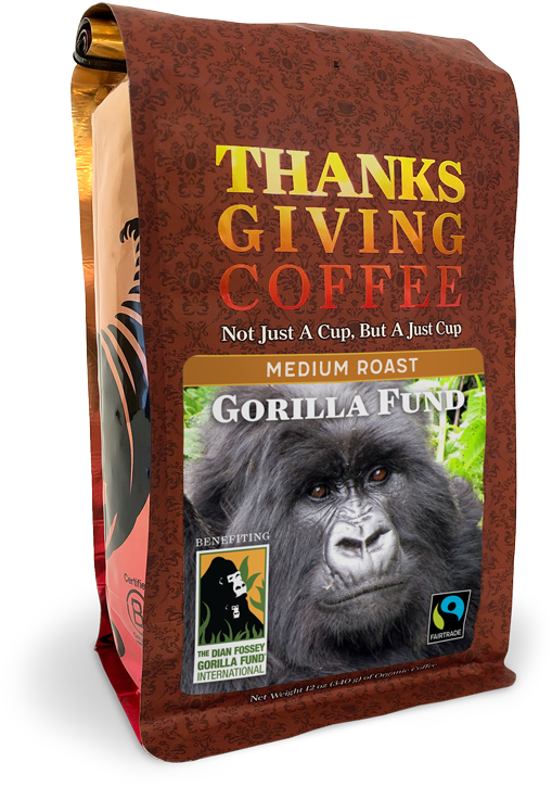 感恩節咖啡 gorilla fund 中度烘焙 壁紙 — 一個棕色的感恩節咖啡袋，上面有一張大猩猩的特寫照片，文字宣傳大猩猩基金和公平貿易認證。
