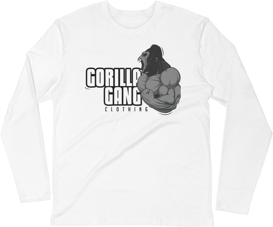 Gorilla Gang 品牌長袖襯衫 壁紙 — 一件白色長袖襯衫上有一個大膽的黑色和灰色大猩猩圖案，在文字 'GORILLA GANG CLOTHING' 旁邊咆哮。