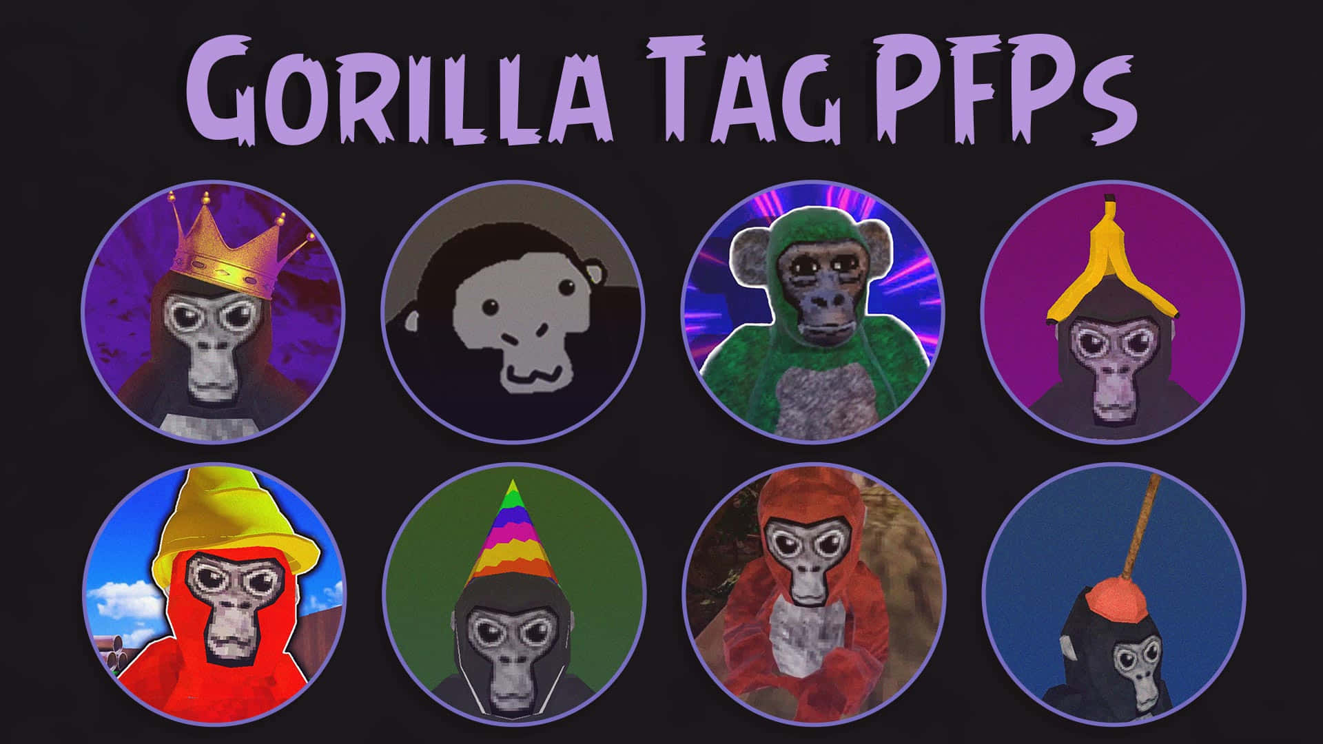 八隻卡通大猩猩戴著帽子，用於Gorilla Tag的圓形個人資料圖片。