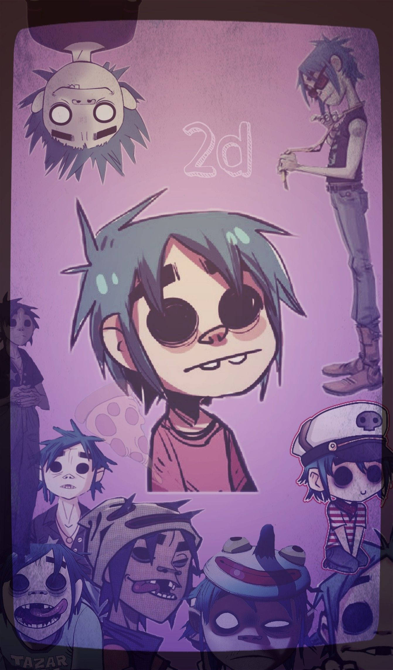 Gorillaz 2D活躍於移動藝術生活 壁紙 — 充滿活力的紫色壁紙，包含多個風格化的卡通角色，具有尖刺頭髮和富有表現力的面孔，構成混亂的構圖。