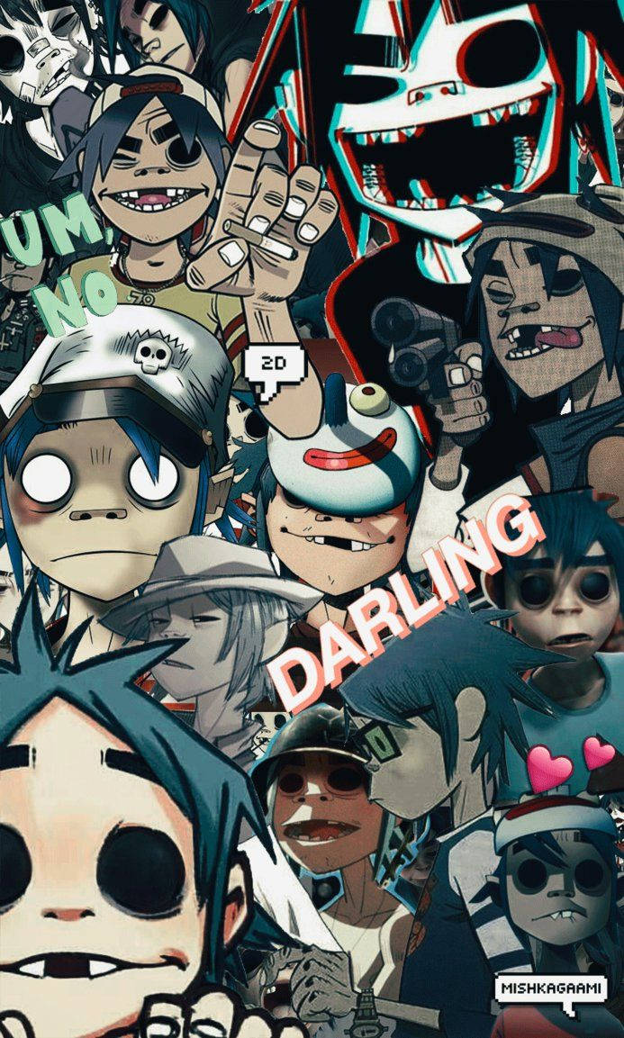 「Gorillaz 2D：數位流動系列」 壁紙 — 一個混亂的拼貼畫，包含 Gorillaz 卡通角色，色彩大膽，表情豐富，形成動態牆紙。