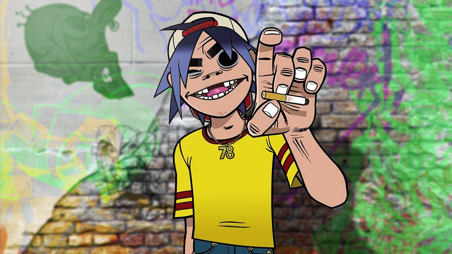 Gorillaz - 2D塗鴉背景 壁紙 — 一個藍色頭髮、戴著眼罩的卡通角色，在塗鴉磚牆旁拿著香煙。