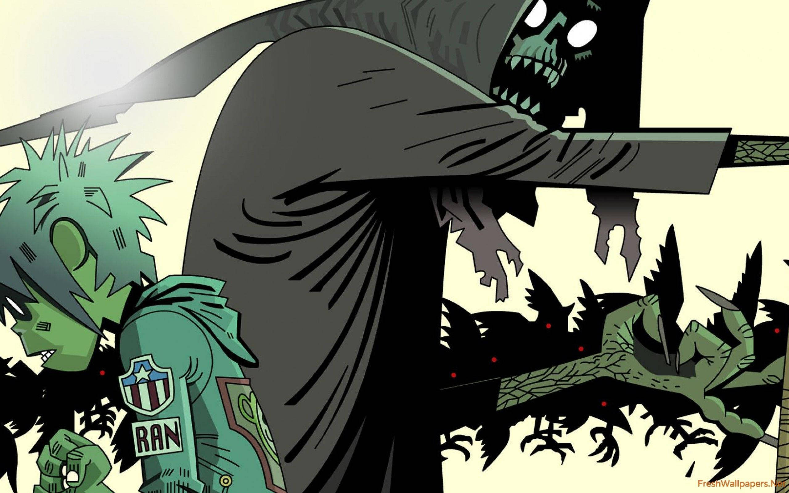 Gorillaz 2D遭死神造訪 壁紙 — 一個手持鐮刀的可怕死神籠罩著一個綠髮殭屍，以風格化的漫畫插圖呈現。
