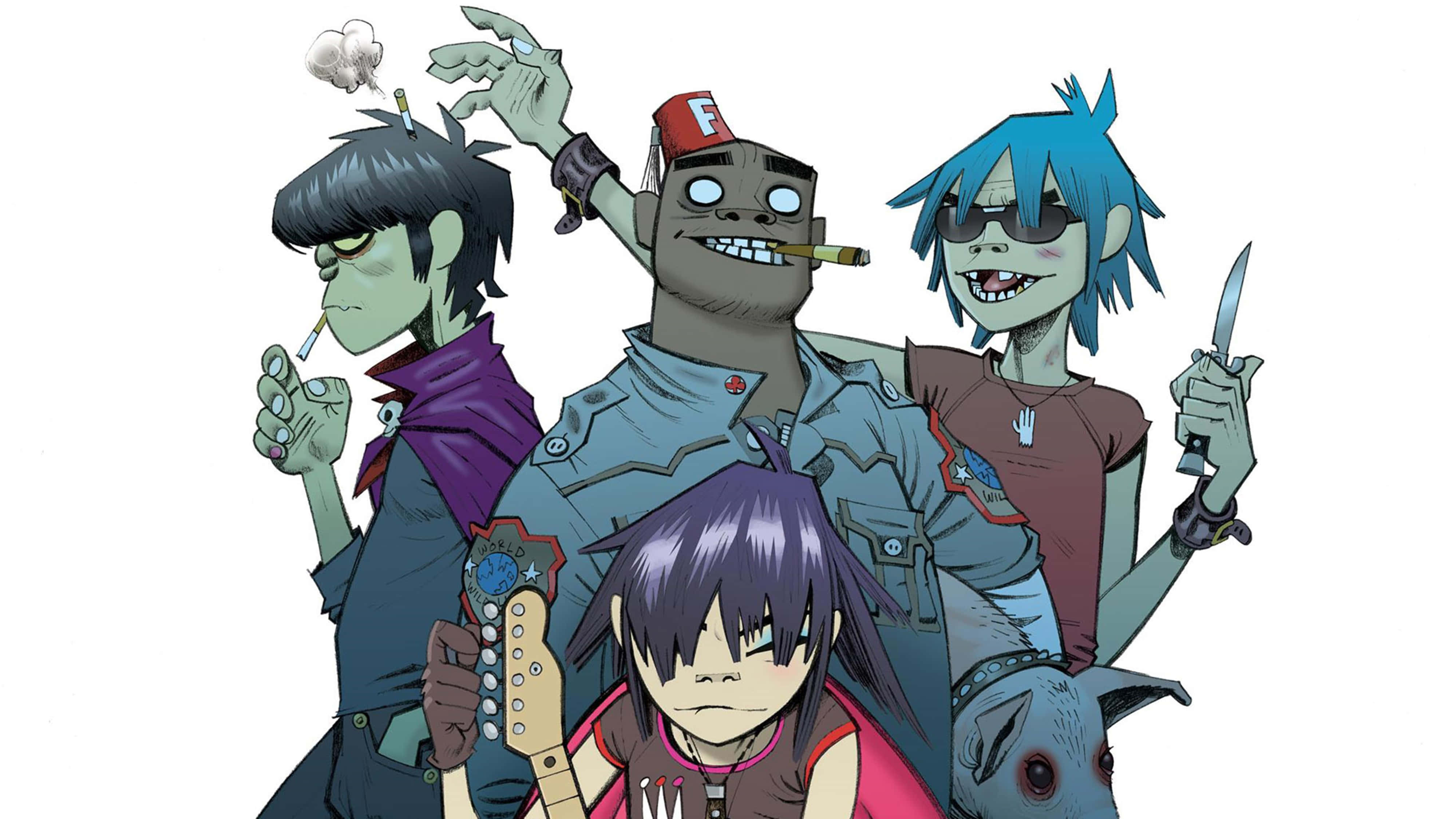 「Gorillaz 4K 超高清壁紙」 壁紙 — 四個風格化的殭屍樂隊成員，手持結他、刀和香煙，在純白色背景前擺姿勢。