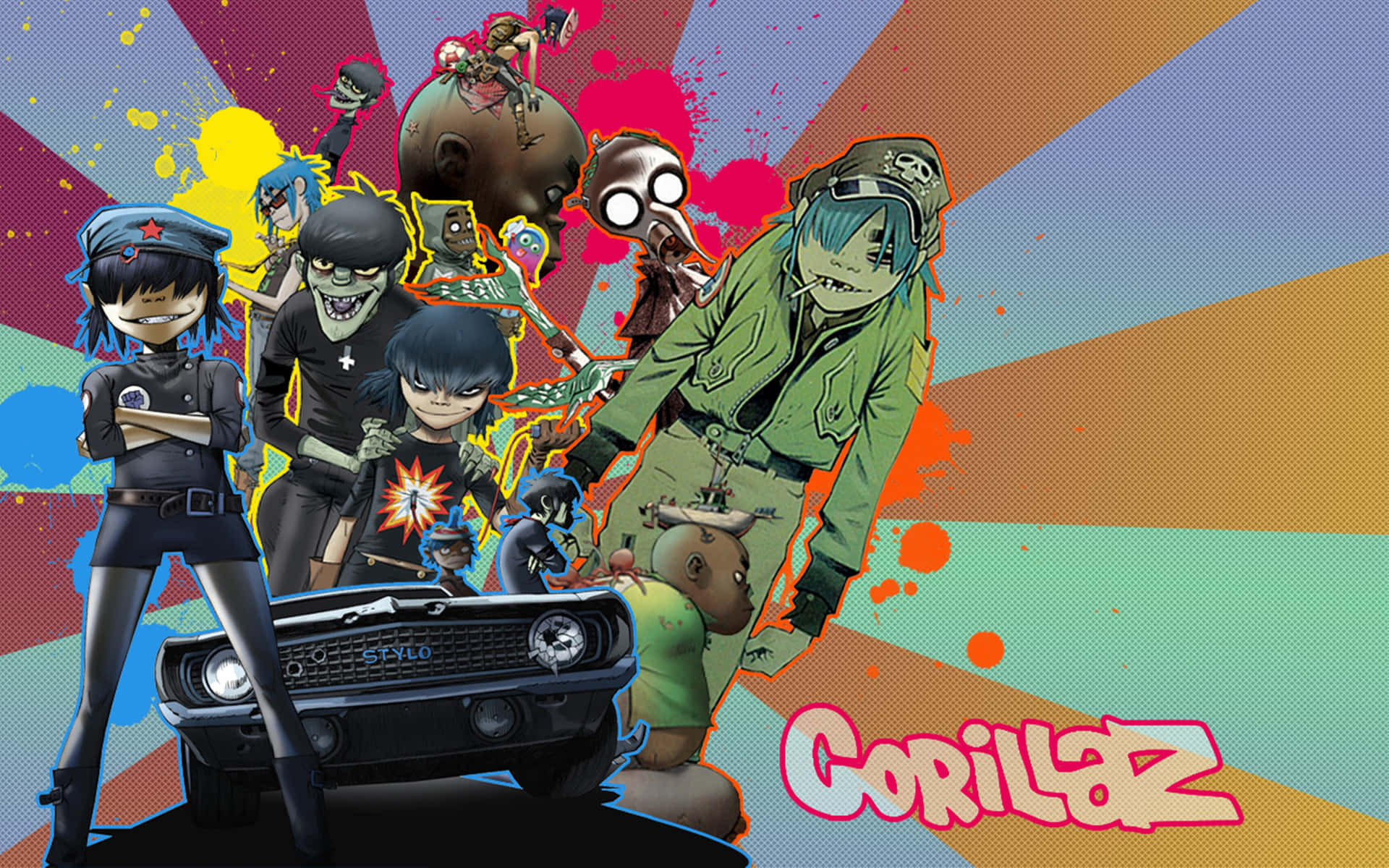 動漫風格的Gorillaz樂隊角色，配有汽車和色彩繽紛的背景。