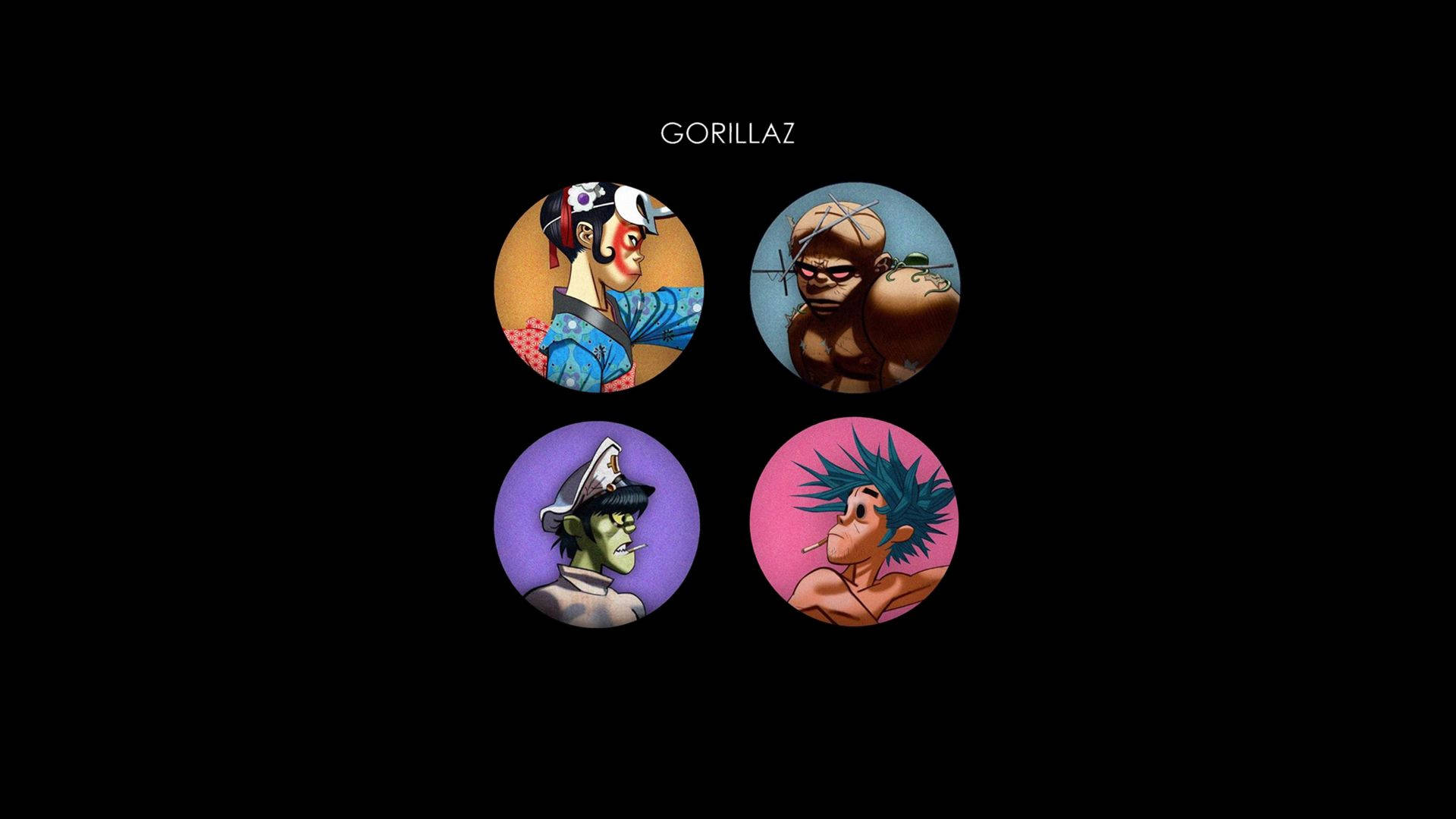 Gorillaz共同創作音樂 壁紙 — 四個風格化的卡通角色在圓形框架內，背景為黑色，上方有GORILLAZ字樣。