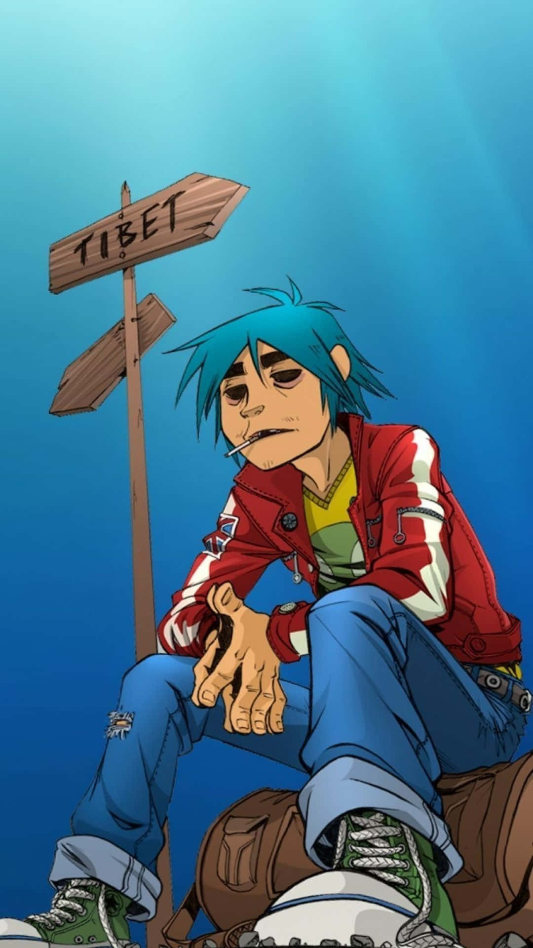 藍髮動漫角色坐在寫著西藏的牌子附近。