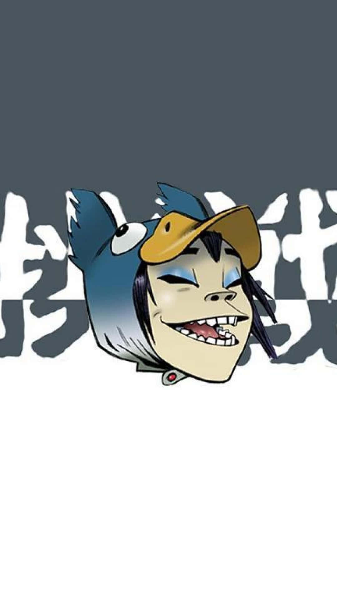 藍色頭髮、戴黃色帽子的動漫角色，背後有風格化文字，正在微笑。