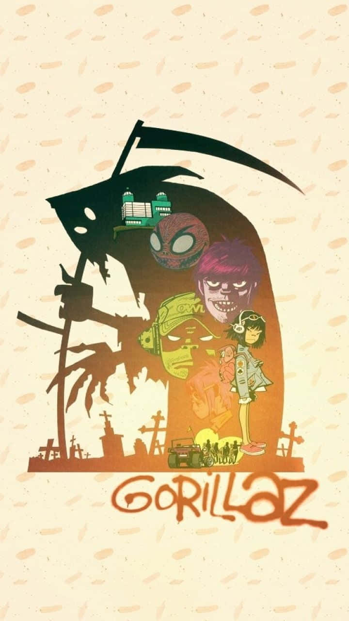Gorillaz 樂隊成員在死神剪影內，背景為墓地。