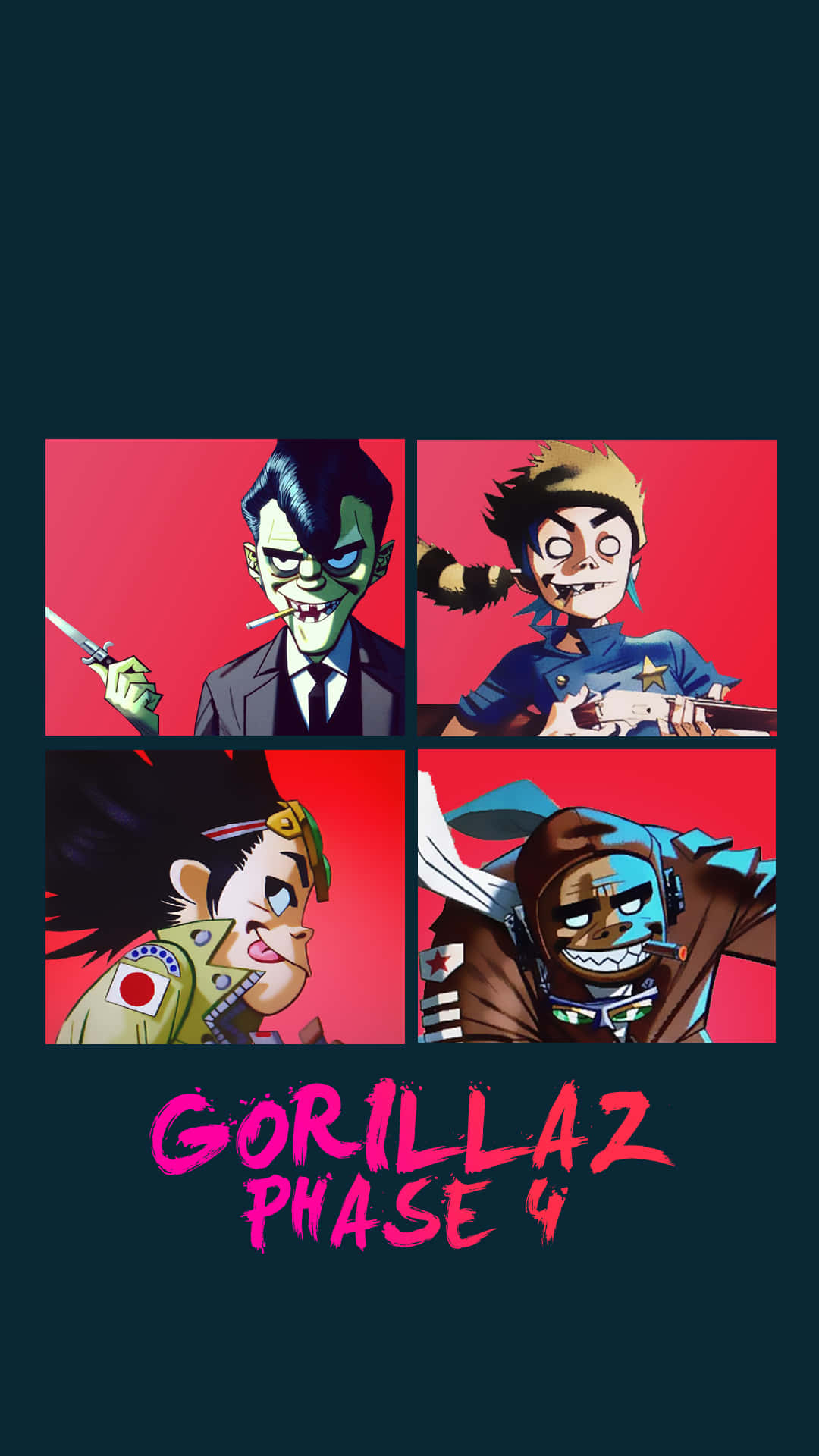 四個動畫化的Gorillaz角色在紅色面板中，下方有粗體粉紅色文字。