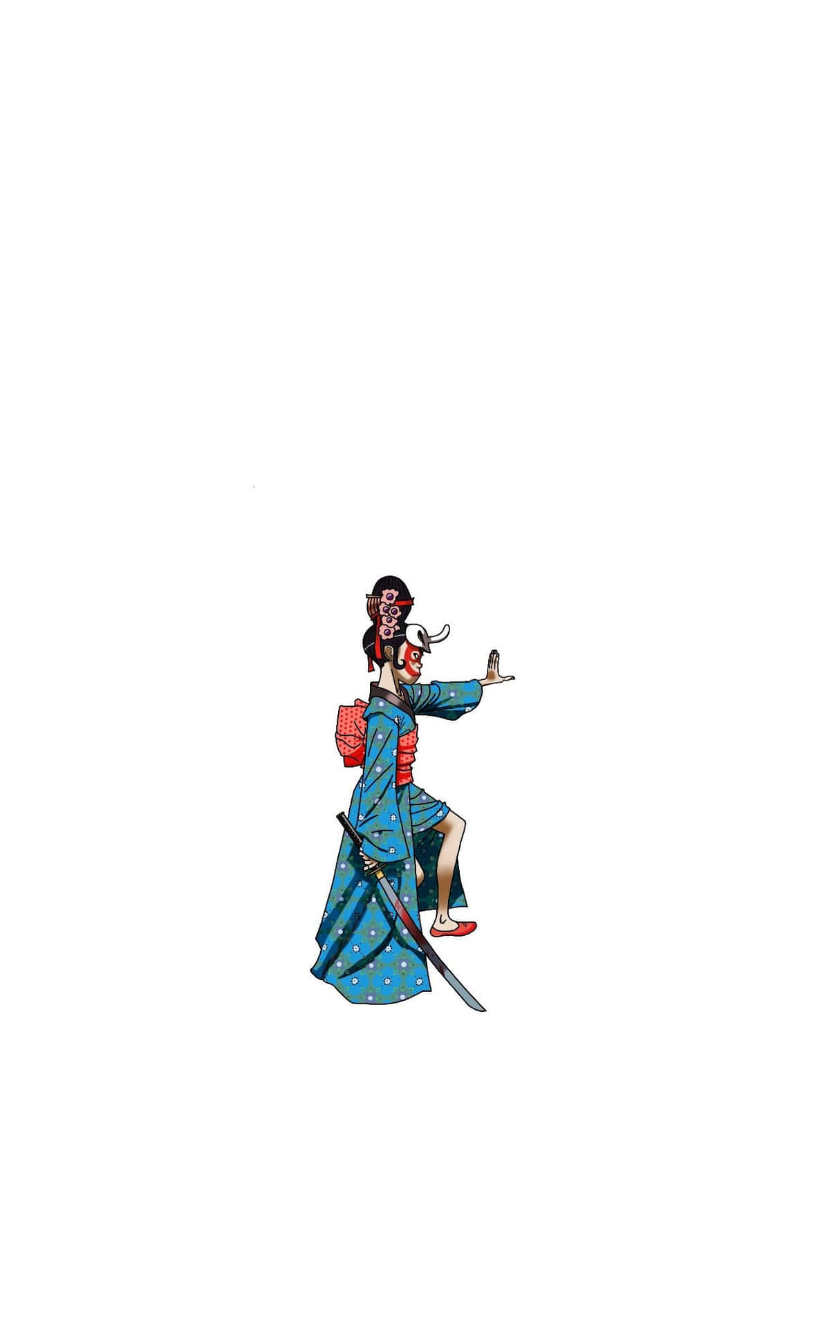 身穿藍色和服的武士女性，手持劍並伸出手。