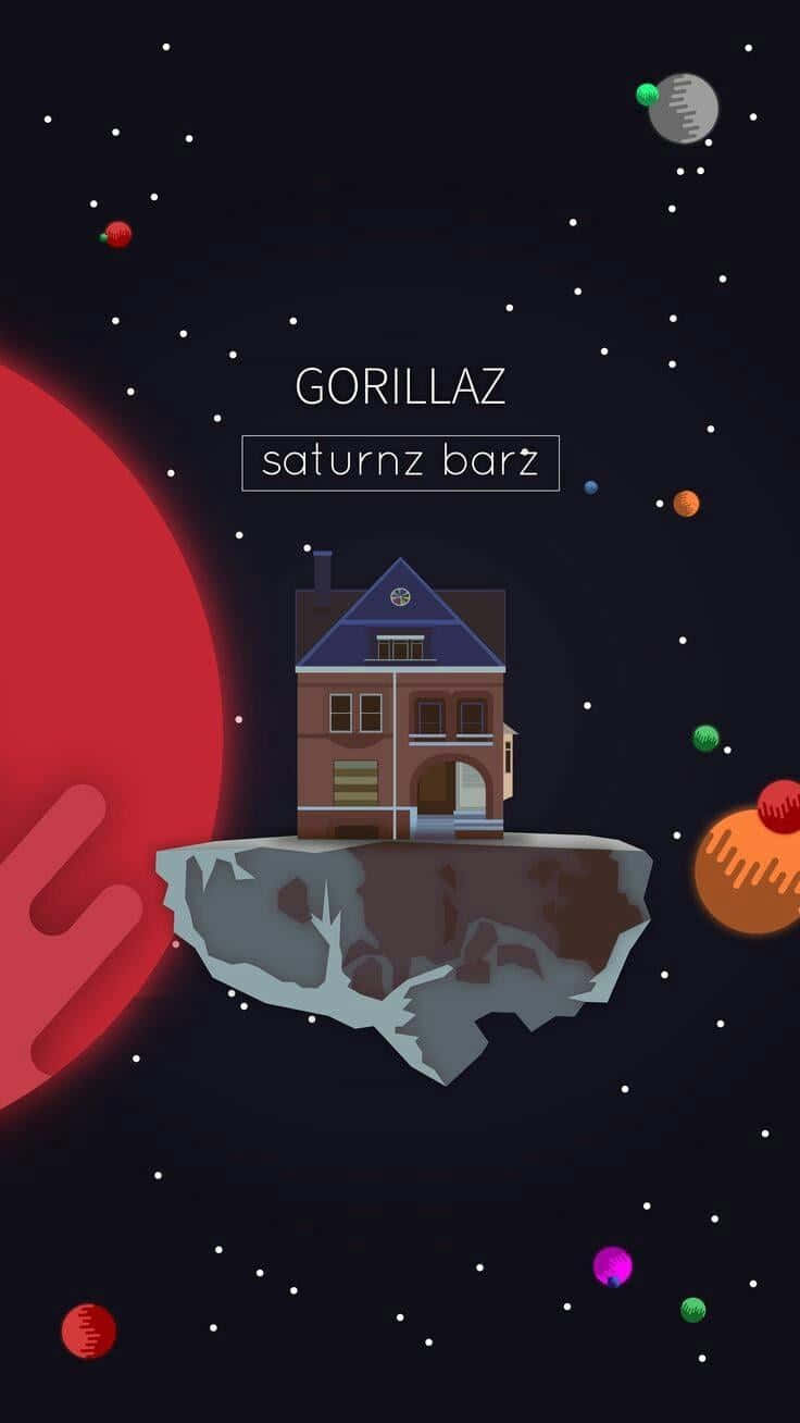 漂浮在太空岩石上的房子，周圍環繞著色彩繽紛的行星和星星。