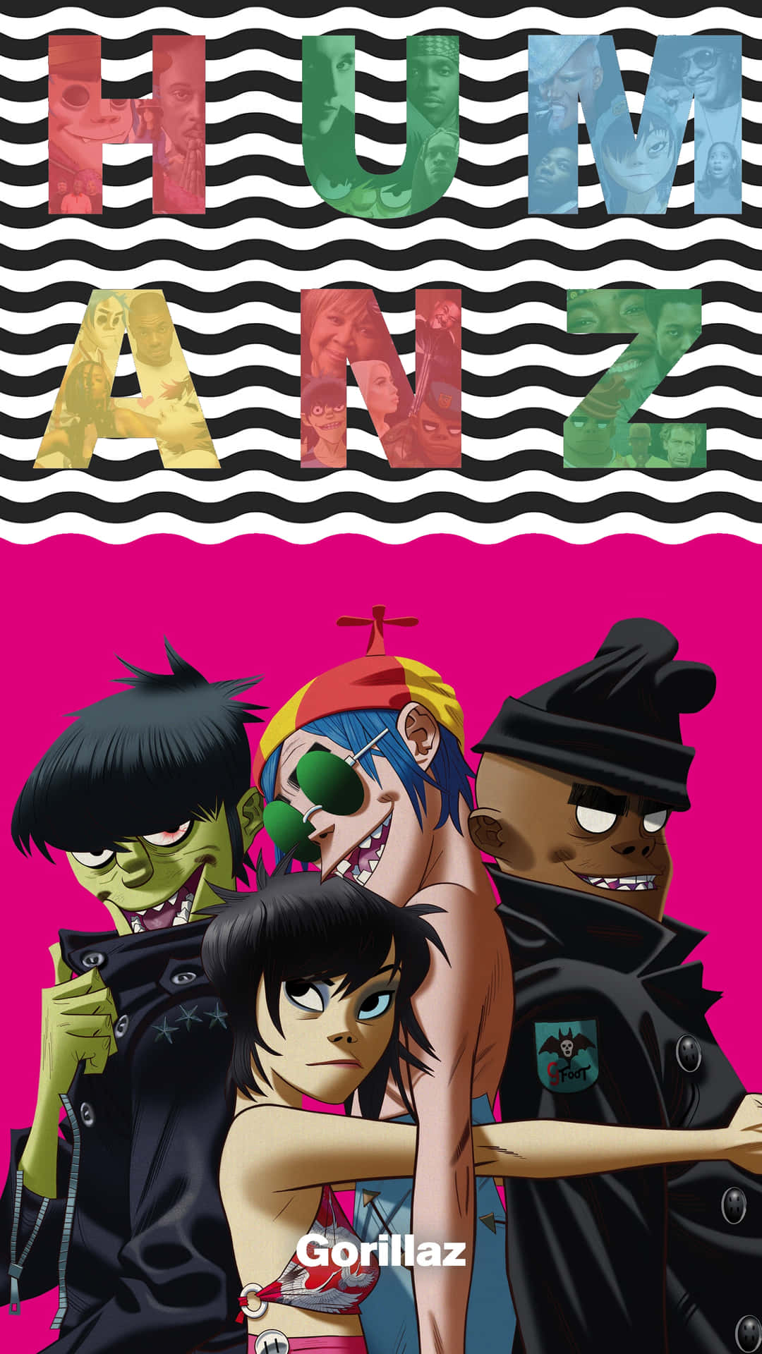 動漫風格的 Gorillaz 樂隊成員，帶有彩色波浪背景。
