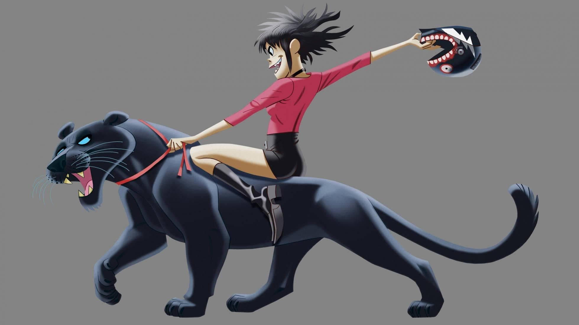 Gorillaz 的 Noodle 騎乘黑豹 壁紙 — 一個動態動漫女孩穿著紅色襯衫騎著黑豹，同時拿著一個鯊魚嘴設計的頭盔。