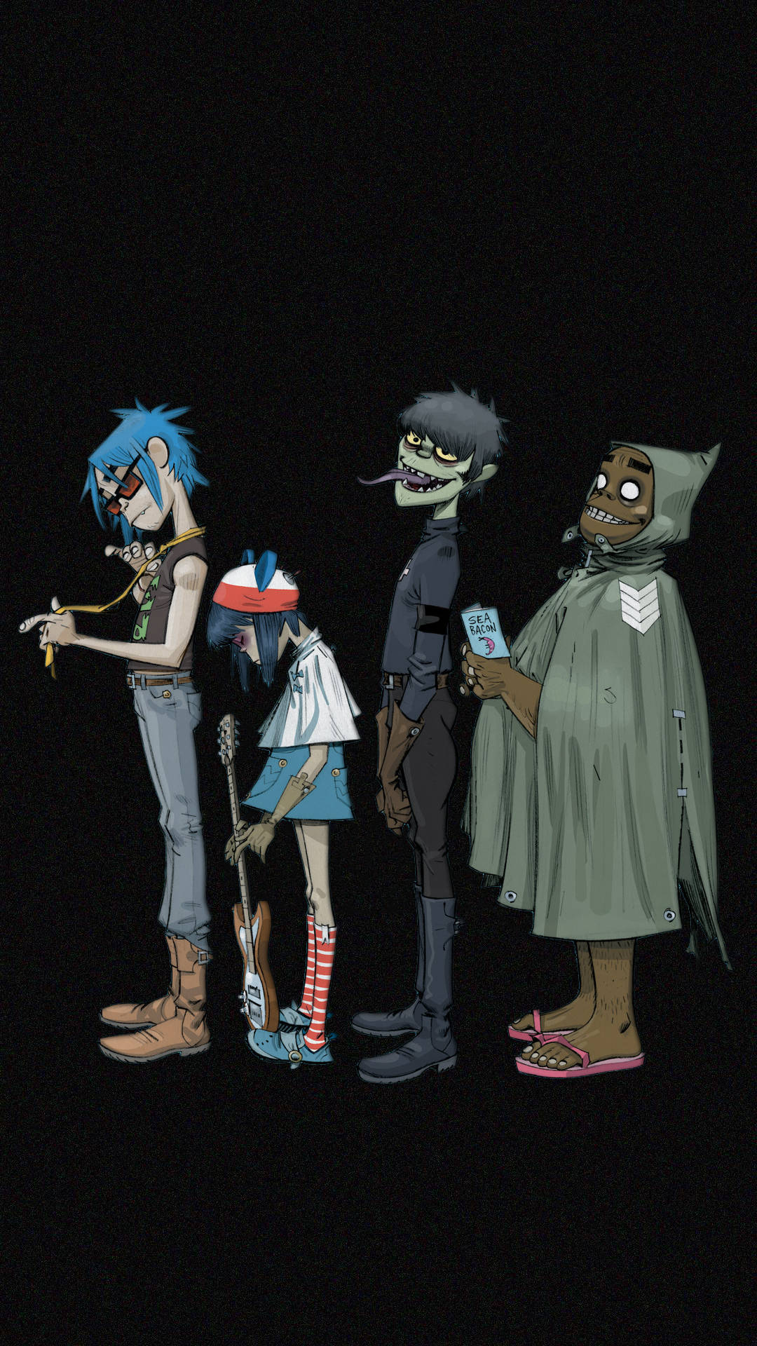 Gorillaz Noodle踏上移動時代！ 壁紙 — 四個風格化的動畫樂隊成員排成一排，站在黑色背景前，每個人都有獨特的彩色服裝和古怪的表情。