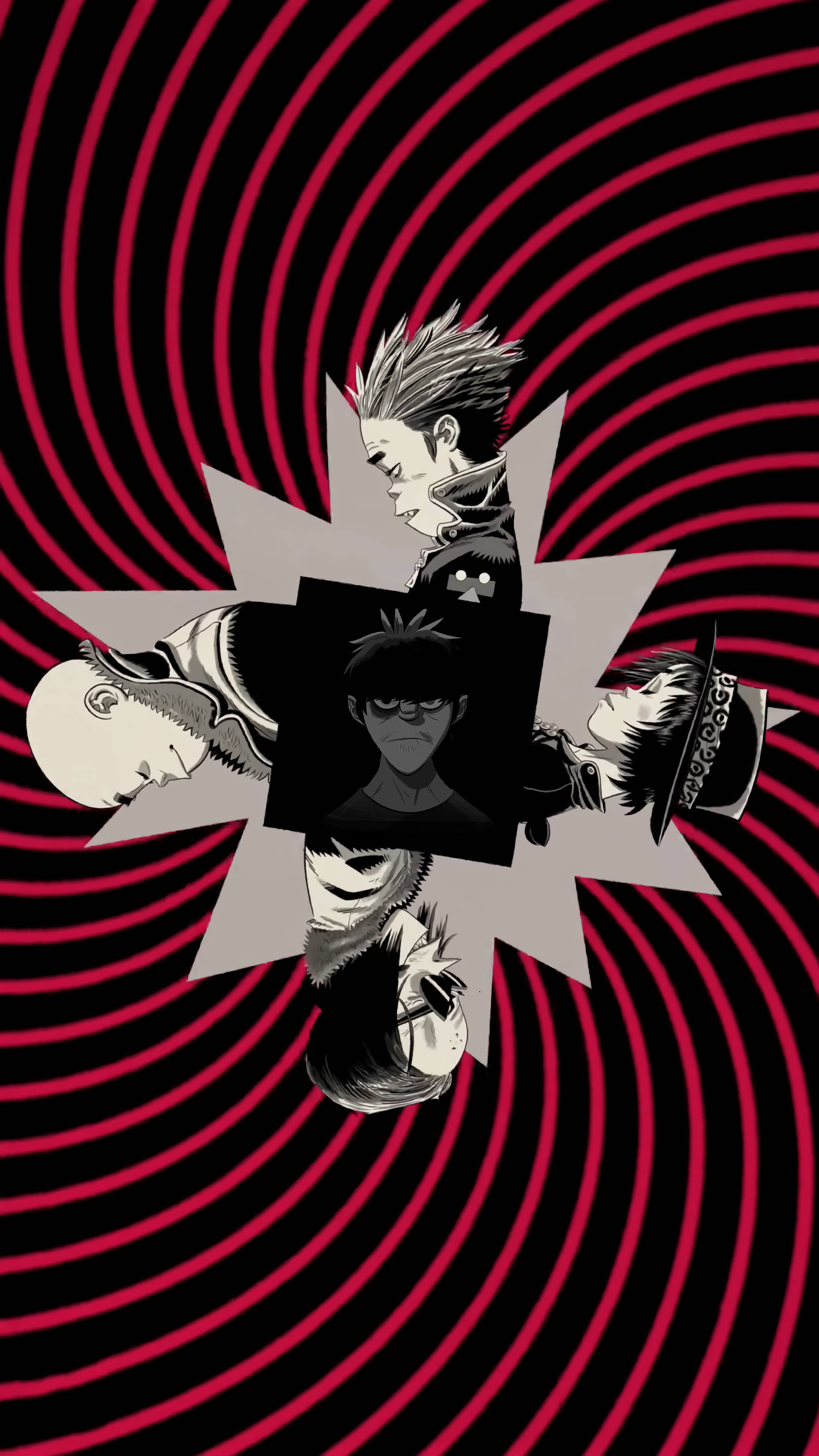 以經典紅黑配色保持時尚感 - Gorillaz 壁紙 — 五個動漫角色以星爆形式排列在催眠的紅黑螺旋背景上。