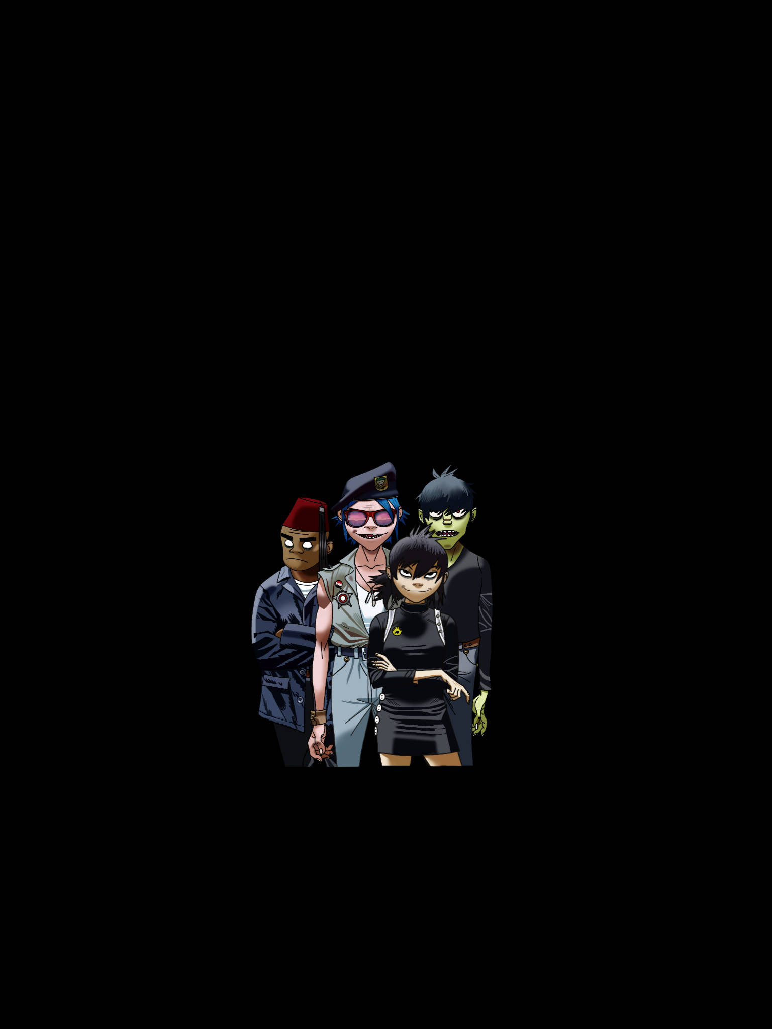 Gorillaz《Humanz》巡迴演唱會 壁紙 — 四個風格化的動畫角色，穿著不同的服裝和表情，一起站在純黑色背景前。