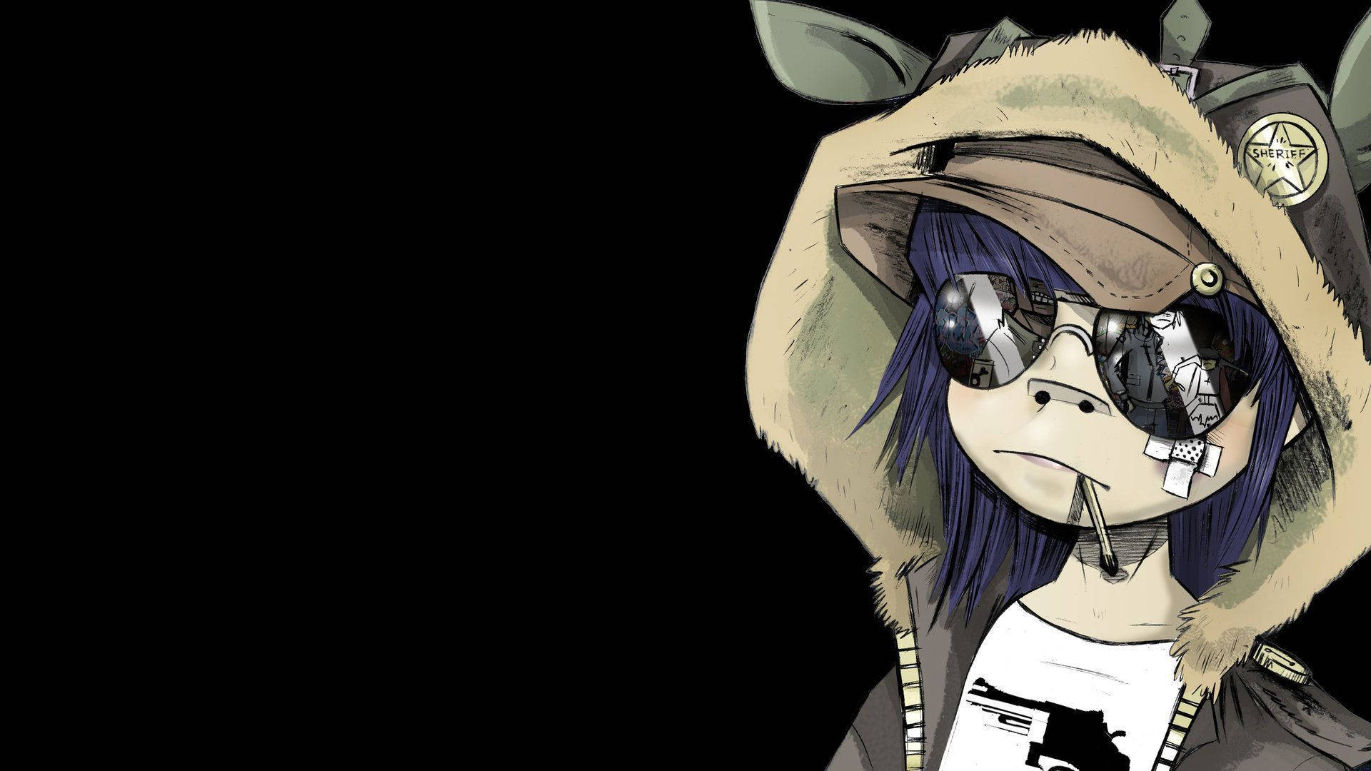 Gorillaz的Noodle 壁紙 — 一個風格化的動漫角色，紫色頭髮，戴著毛皮襯裡的帽子，在黑色背景前抽煙。