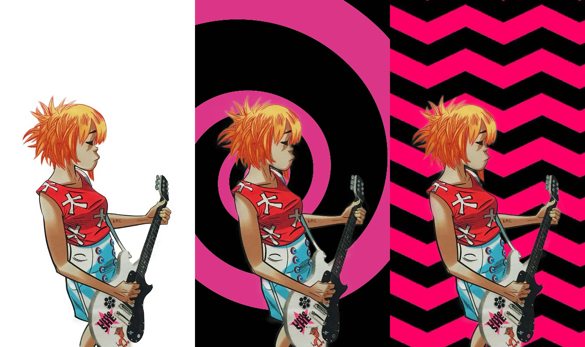 Gorillaz的Noodle彈奏電吉他 壁紙 — 一個風格化的動漫女孩，擁有尖刺的橙色頭髮，在鮮明的粉紅色和黑色背景上彈奏裝飾過的電結他。