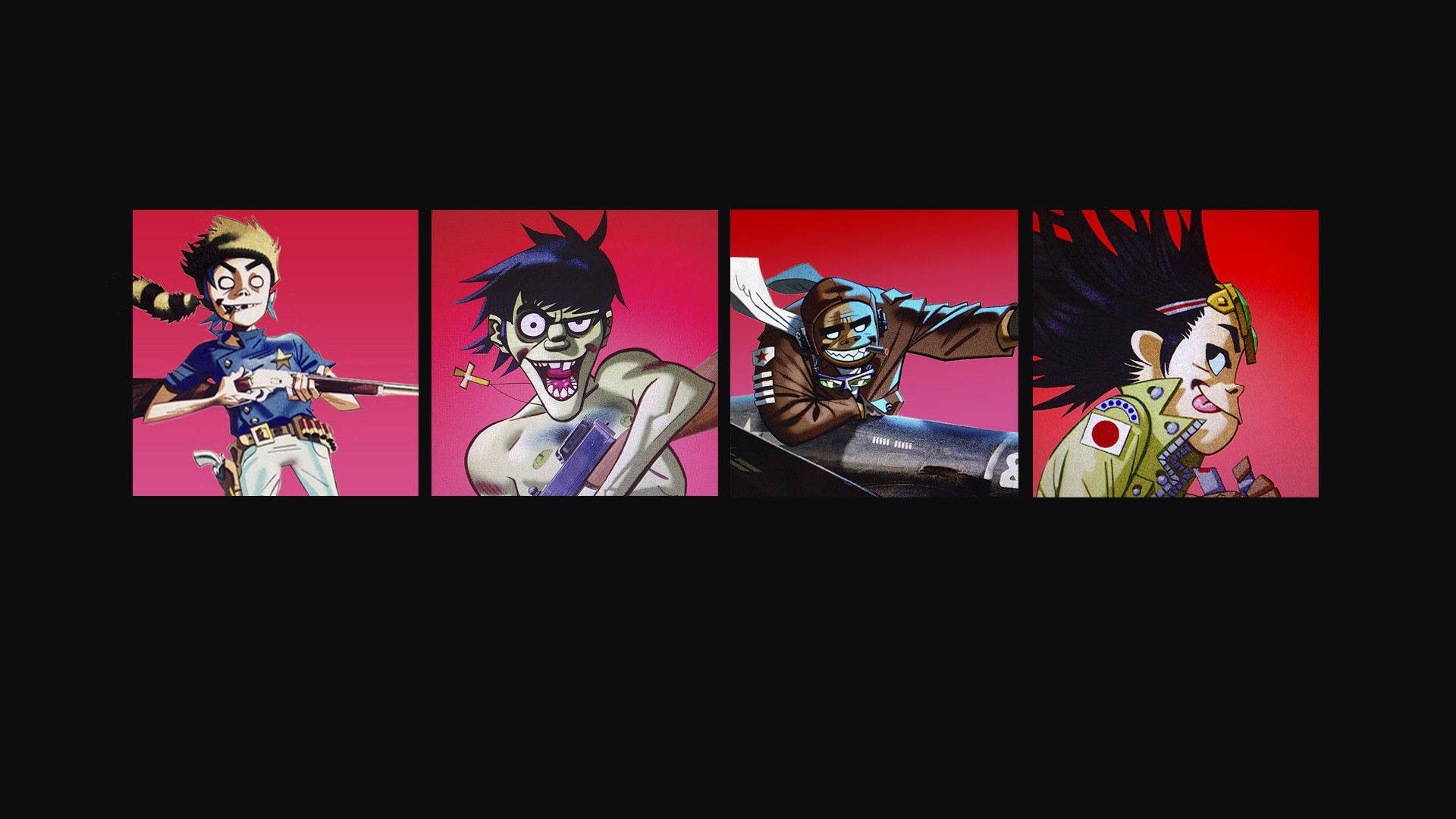 Gorillaz在路上 壁紙 — 四個動漫風格的龐克角色，表情誇張，手持武器，在鮮豔的粉紅色背景前擺姿勢。