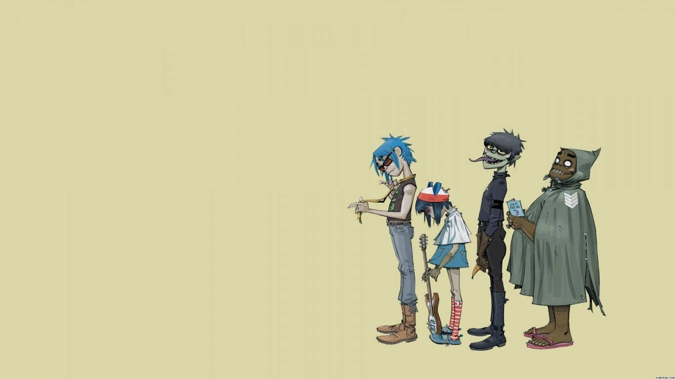 Gorillaz成員陣容 壁紙 — 四個風格化的卡通樂隊成員排成一排，站在純米色背景前，每人手持樂器或道具。