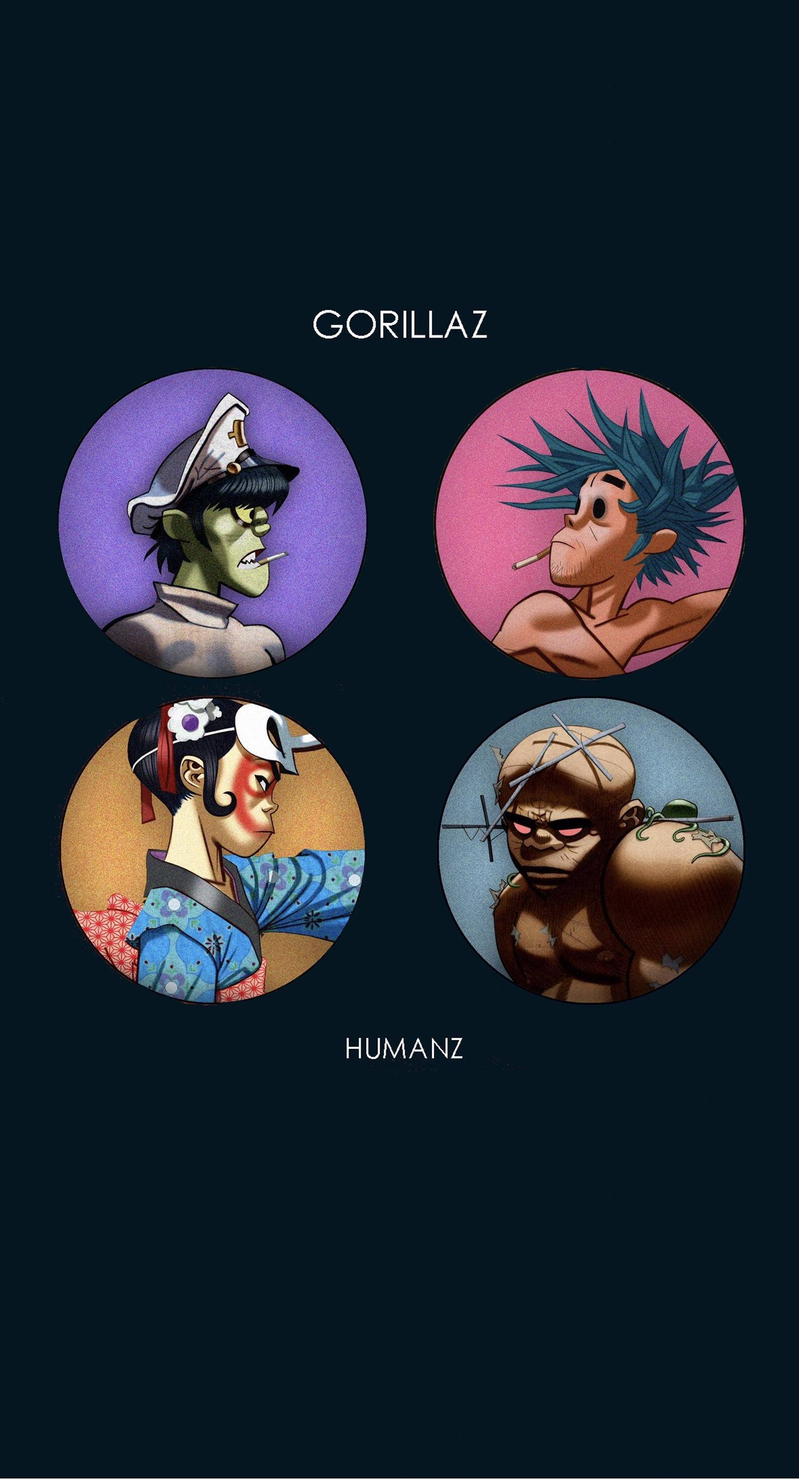 Gorillaz最新專輯《Humanz》 壁紙 — 四個風格化卡通樂隊成員在圓形框架內，背景為深色，帶有「GORILLAZ」和「HUMANZ」文字。