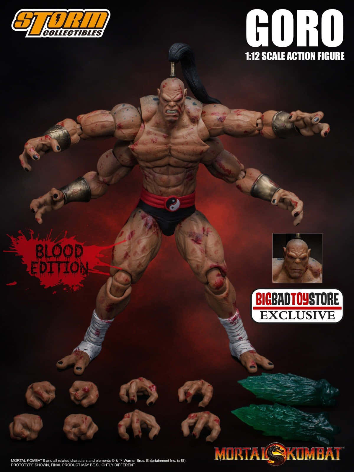 Mortal Kombat Goro 桌布 壁紙 — 來自《真人快打》的肌肉發達 Goro 人偶以動態姿勢站在深紅色背景前，帶有血濺效果。