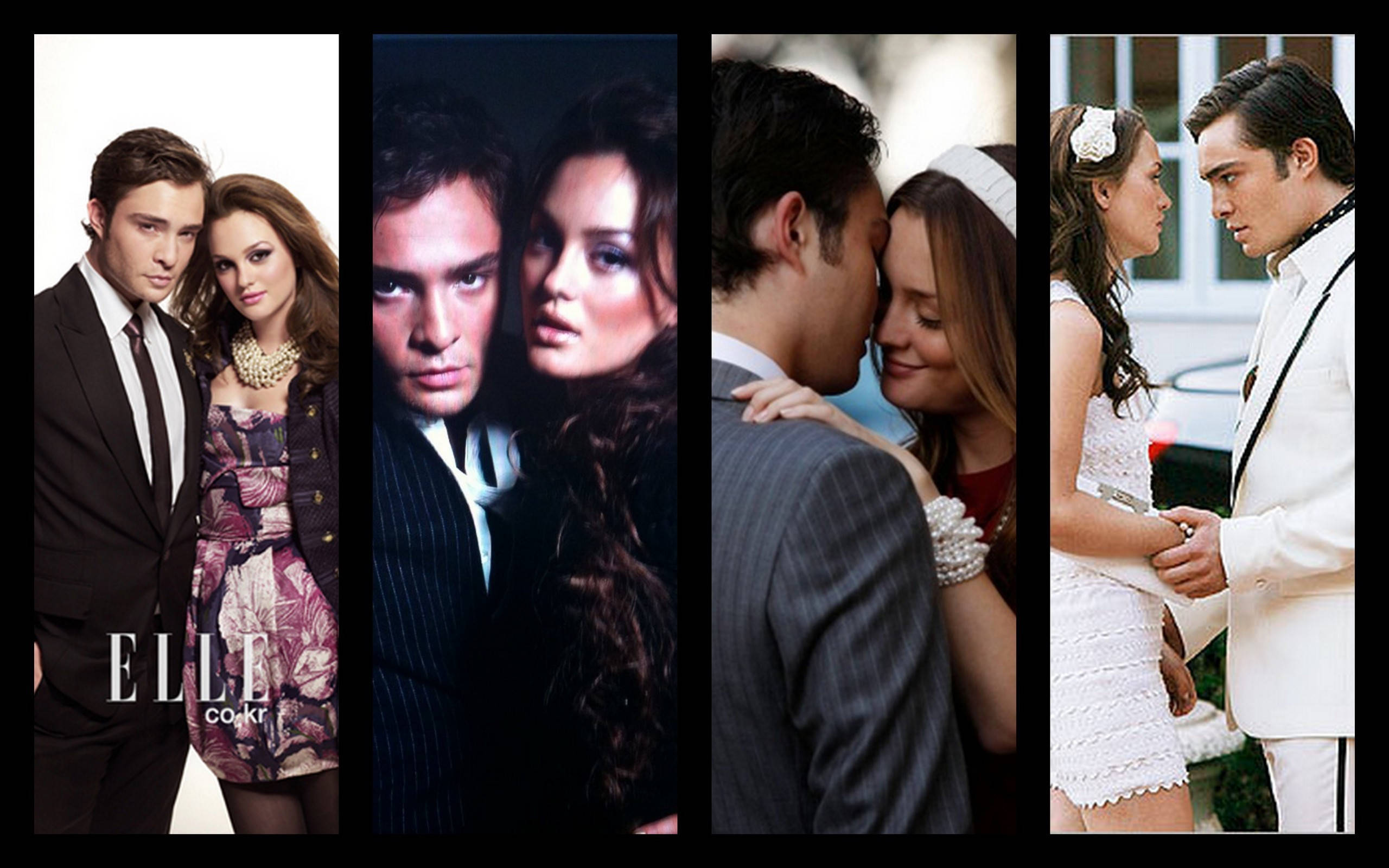 《Gossip Girl》布萊爾與查克情侶壁紙 壁紙 — 四對魅力四射的情侶身著正式服裝，在簡潔背景下親密擺姿勢，呈現高級時尚雜誌的跨頁版面。
