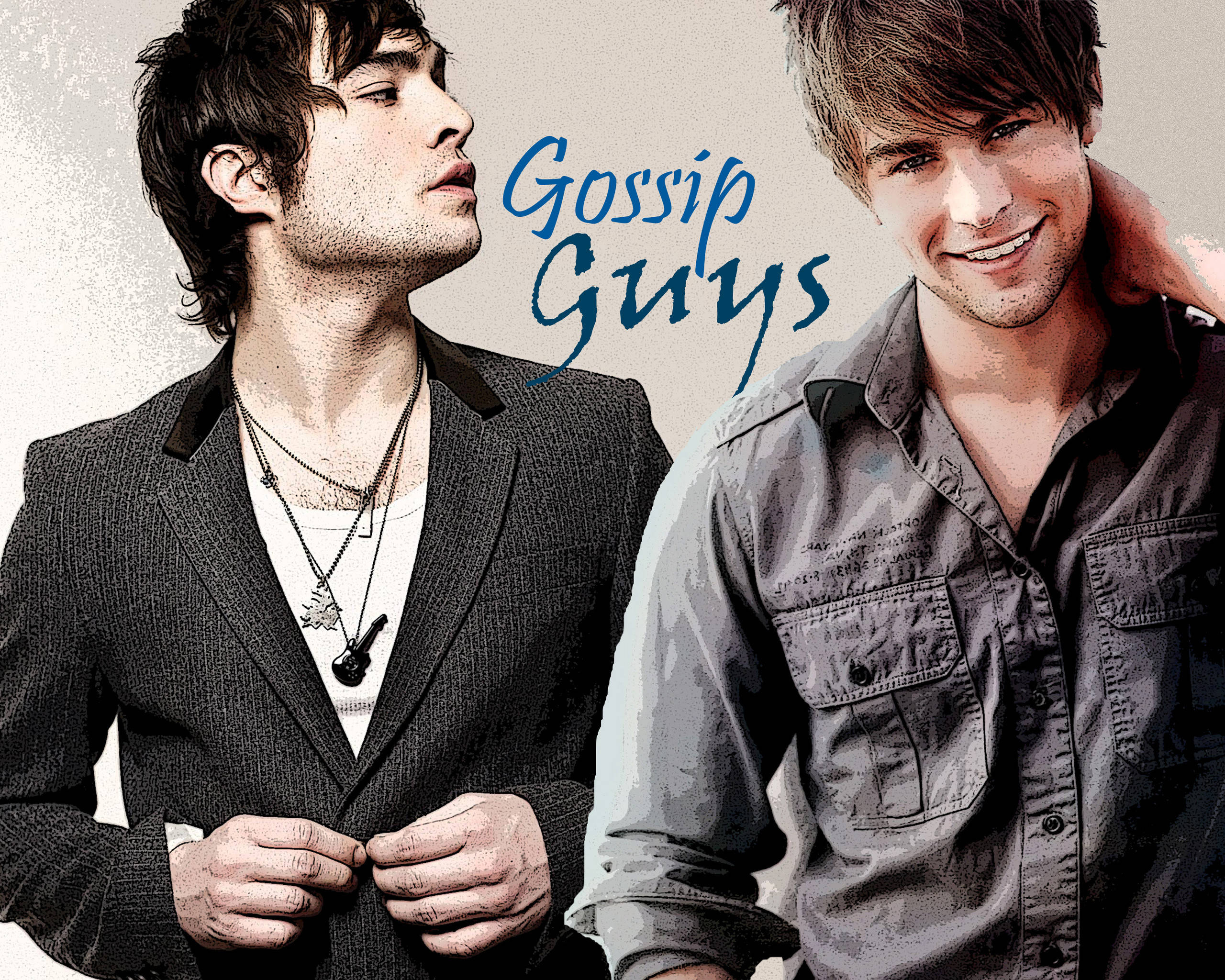 《Gossip Girl》查克與內特合照壁紙 壁紙 — 兩位時尚年輕男士在紋理背景前自信擺姿勢，並帶有藍色字體 'Gossip Guys'。