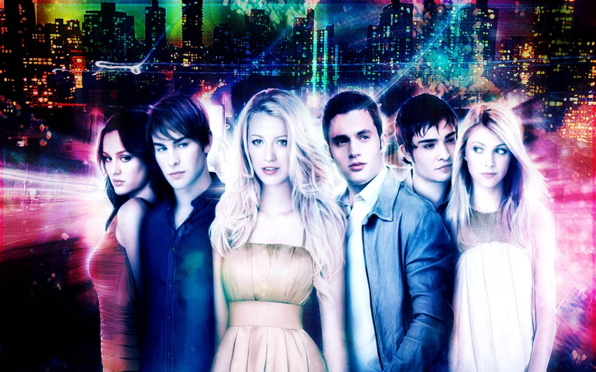 《Gossip Girl》霓虹美學封面 壁紙 — 六位魅力四射的年輕人自信地站在霓虹燈閃爍、充滿電光色彩的未來城市景觀前。
