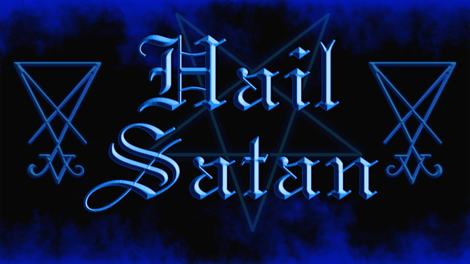 深藍色撒旦藝術作品 壁紙 — 哥德式藍色文字 'Hail Satan' 在黑暗煙霧背景中發光，周圍環繞倒置五角星。