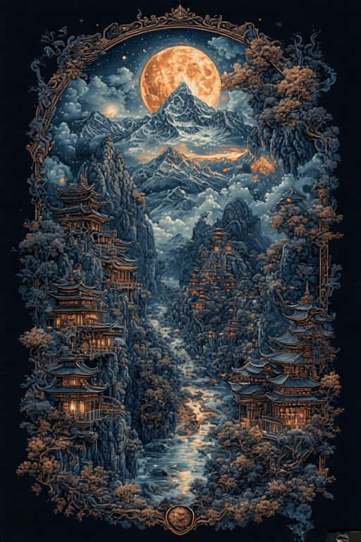 在裝飾性拱門框住的大橙色月亮下，山谷中的寶塔溫暖地發光。