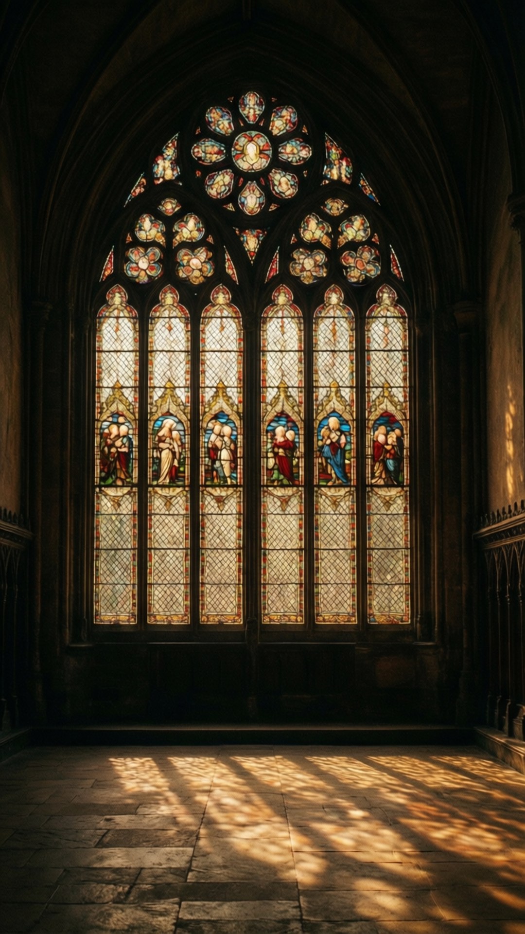 Gothic Stained Glass Window 壁紙 — 陽光穿過宏偉的哥德式彩繪玻璃窗，在石地板上投射出色彩斑斕的圖案。