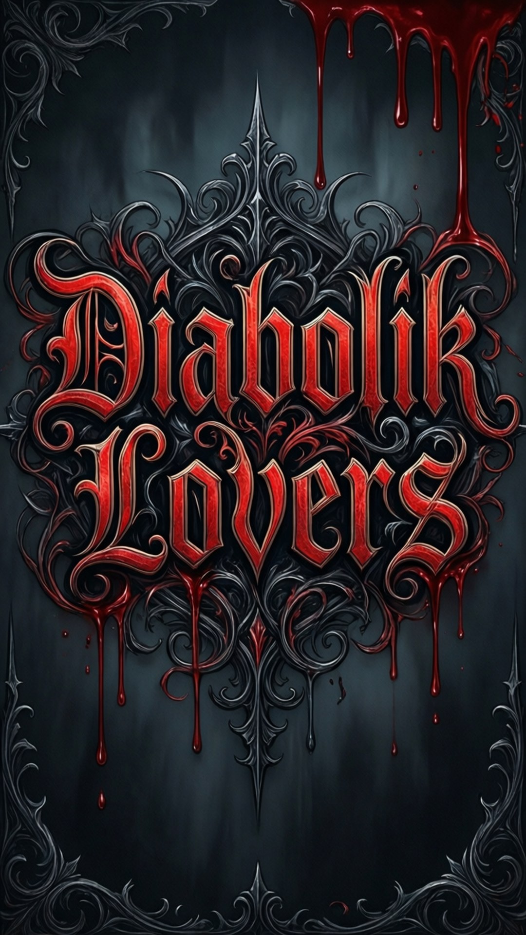 紅色哥德式文字 'Diabolik Lovers' 帶血滴在深灰色背景上，配有黑色鏤空花紋框