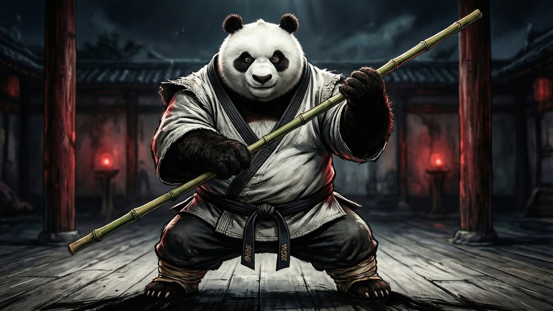穿著武術服的熊貓在昏暗的道場中手持竹杖，配有紅色燈籠