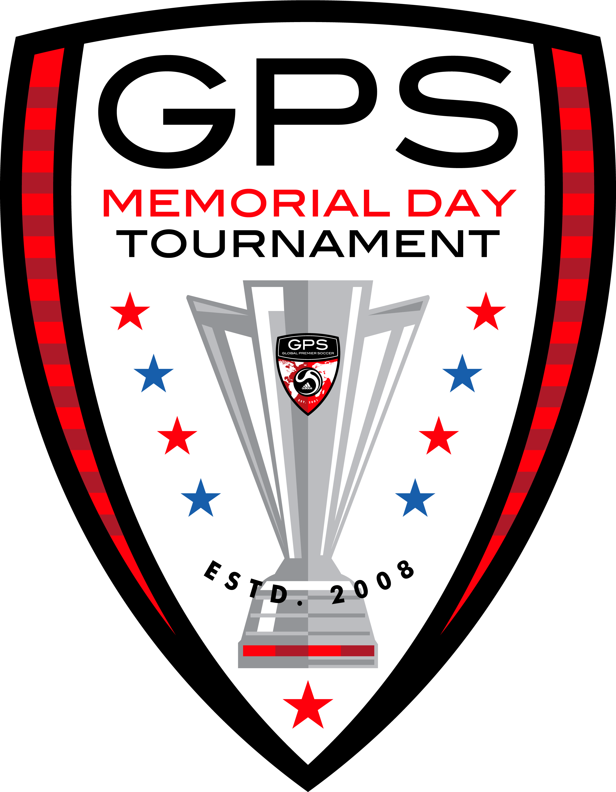 GPS紀念日錦標賽標誌 壁紙 — GPS Memorial Day Tournament 的盾形標誌，銀色獎盃被紅色和藍色星星包圍。