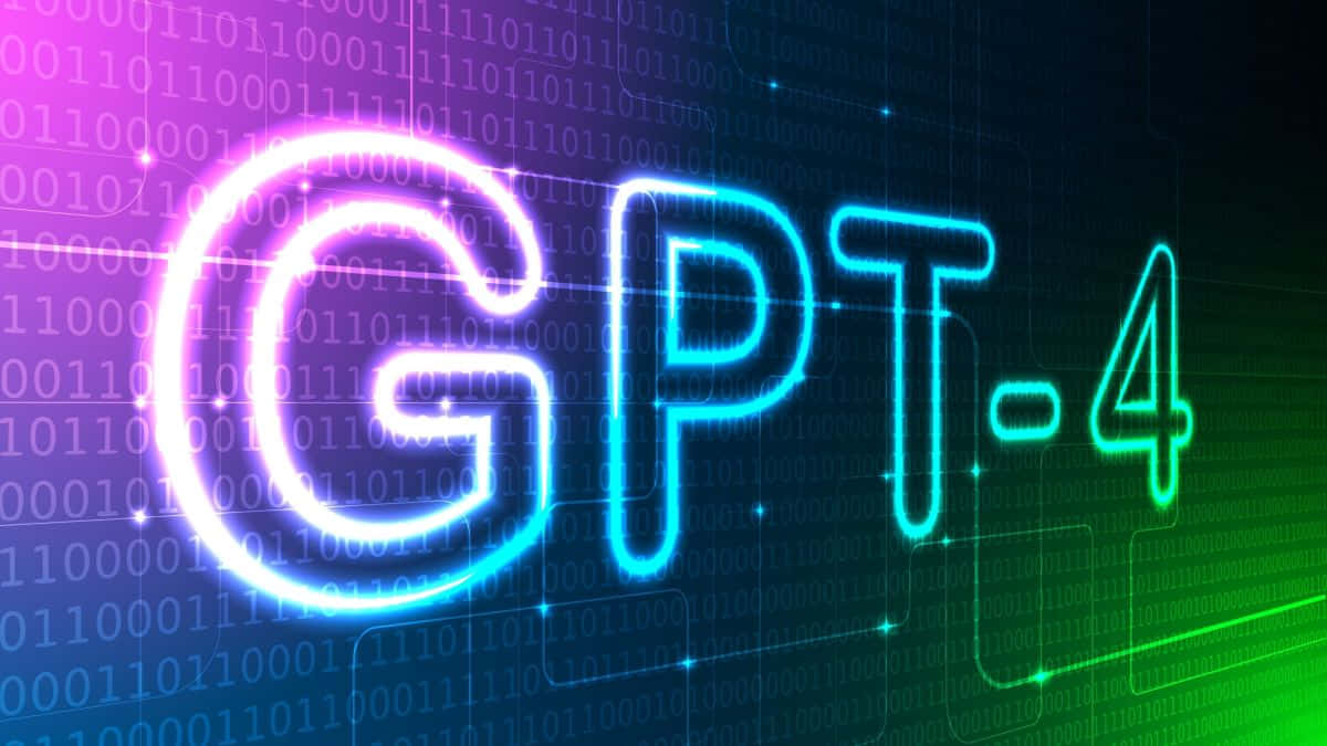 Gpt-4 桌布 壁紙 — GPT-4 文字在二進制代碼和網格線的數位背景上發出霓虹藍色和綠色的光芒。
