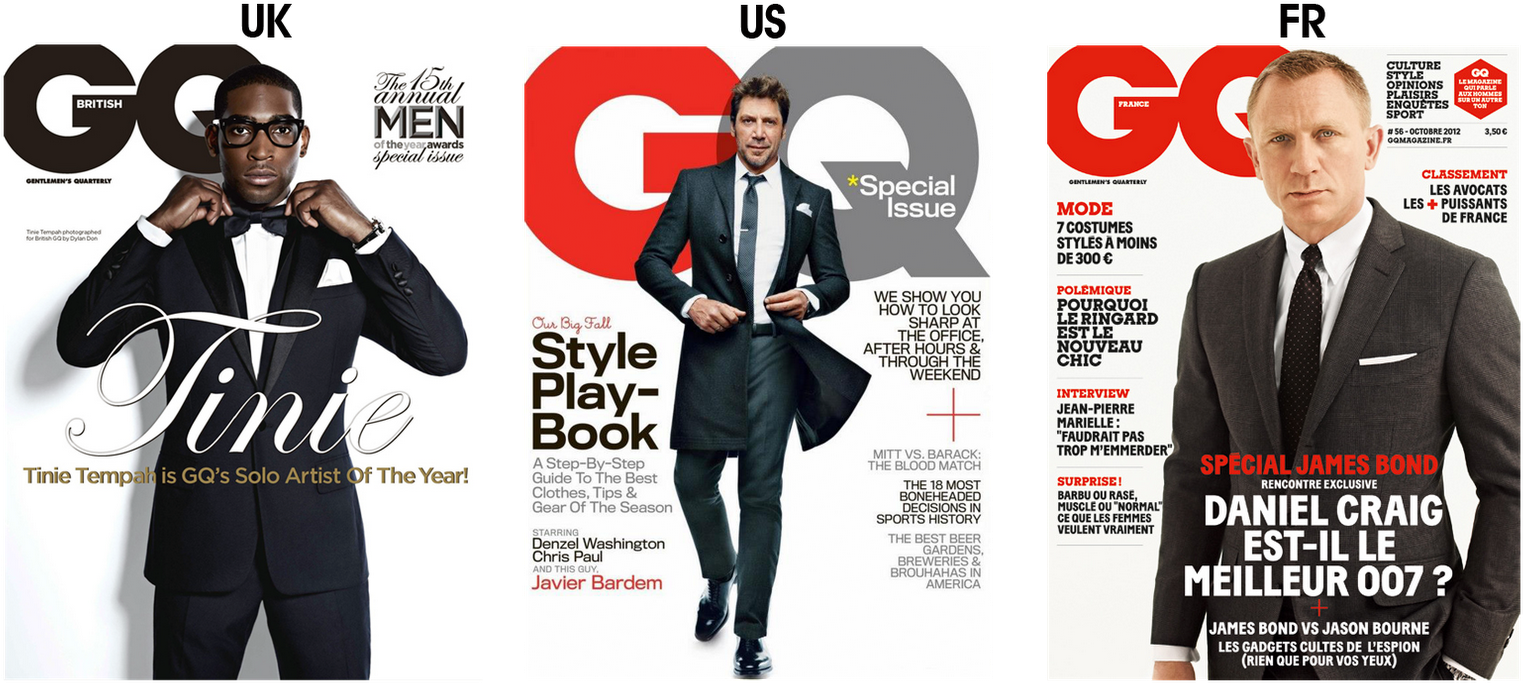 GQ雜誌封面：Tinie Tempah、Chris Hemsworth、Daniel Craig 壁紙 — 三本GQ雜誌封面，展示穿著正式西裝的時尚男士在白色背景前自信地擺姿勢。