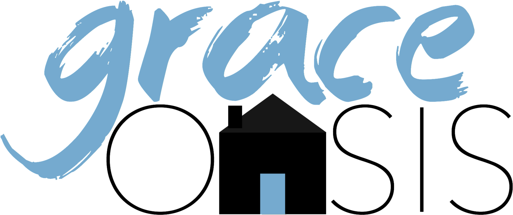 Grace Oasis標誌 壁紙 — 黑色背景上，以淺藍色刷字字體書寫的「grace」一詞，下方有一個小房子圖標。