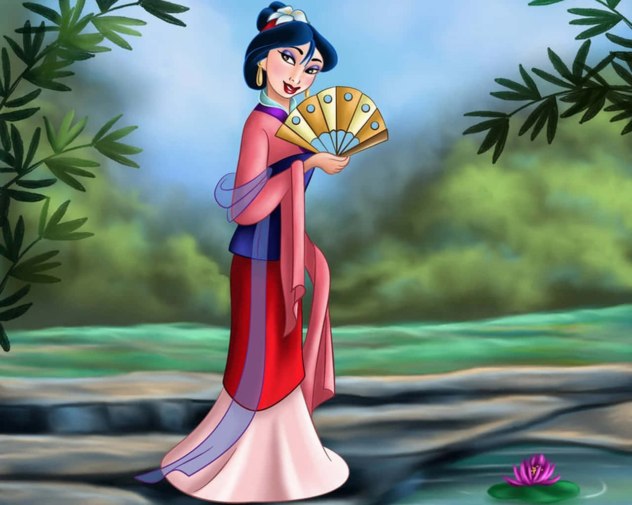 動畫女子身穿傳統長袍，在蓮花池旁拿著扇子。