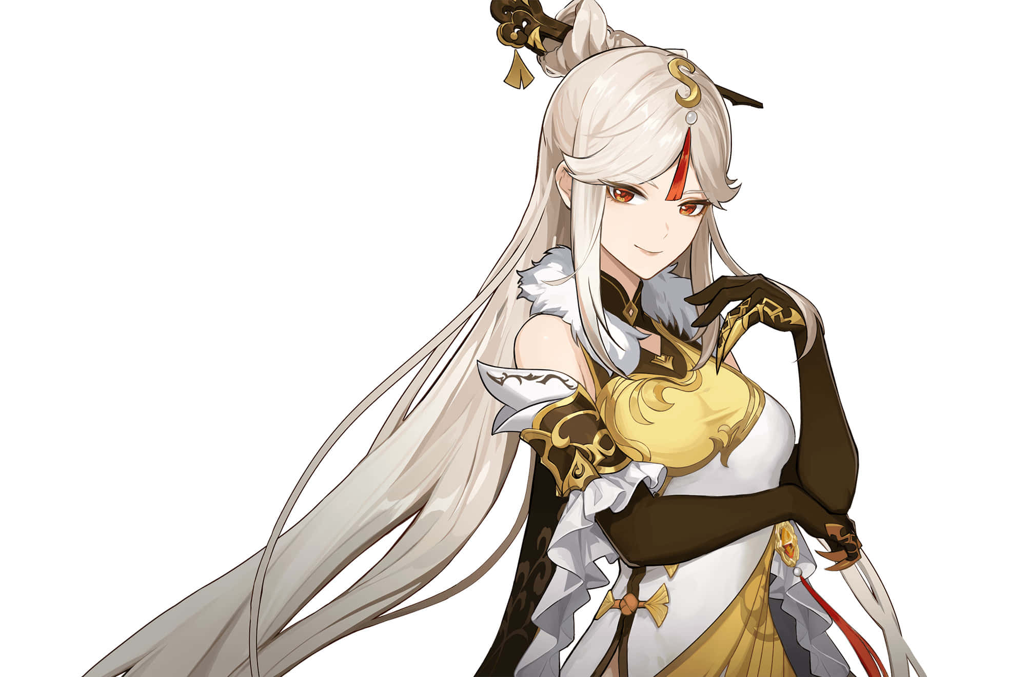 Genshin Impact Ningguang 桌布 壁紙 — 一位優雅的動漫女孩，長著白色長髮和紅色標記，穿著華麗的金白色盔甲，背景是純白色。