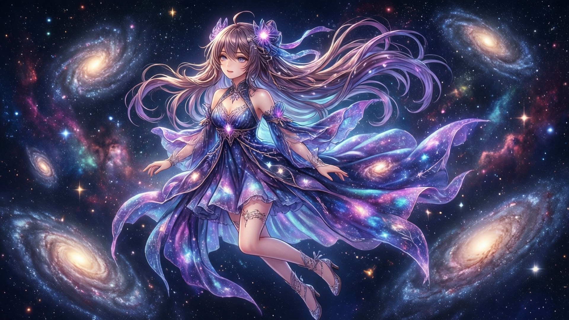 桌布 壁紙 — 一位優雅的動漫女孩，飄逸的紫色頭髮和星光長袍，漂浮在旋轉的星系和發光的星雲之間。