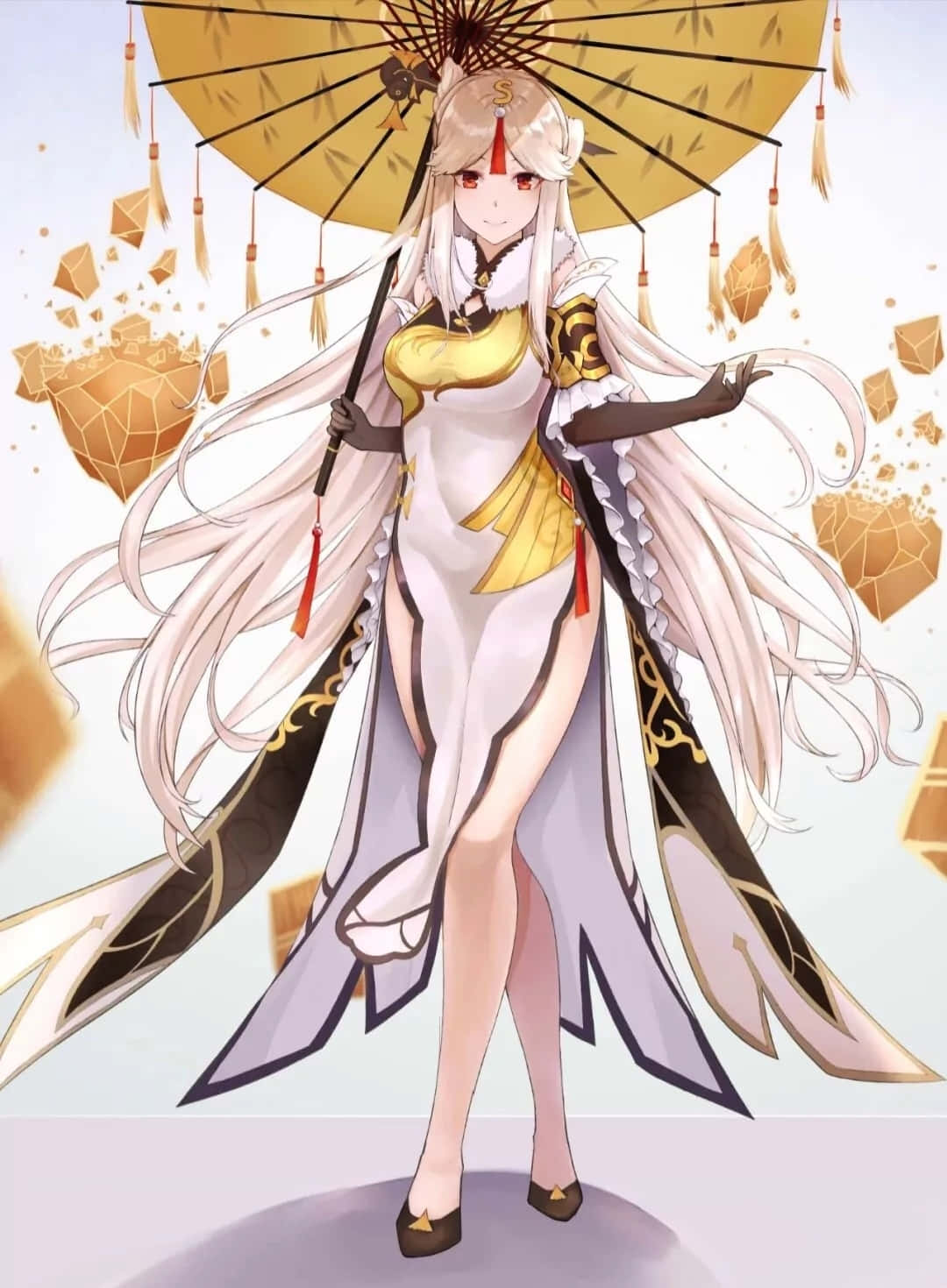 Genshin Impact Ningguang 桌布 壁紙 — 一位優雅的動漫女孩，長長的白髮，手持金色陽傘，金色幾何碎片在她周圍漂浮。