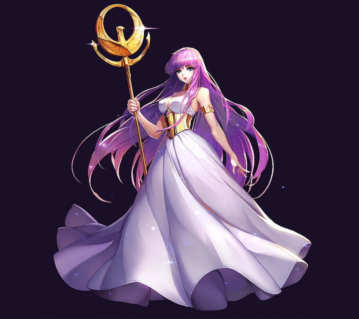  壁紙 — 一位優雅的動漫女神，長著紫色長髮，在黑暗的星空背景下手持金色權杖。
