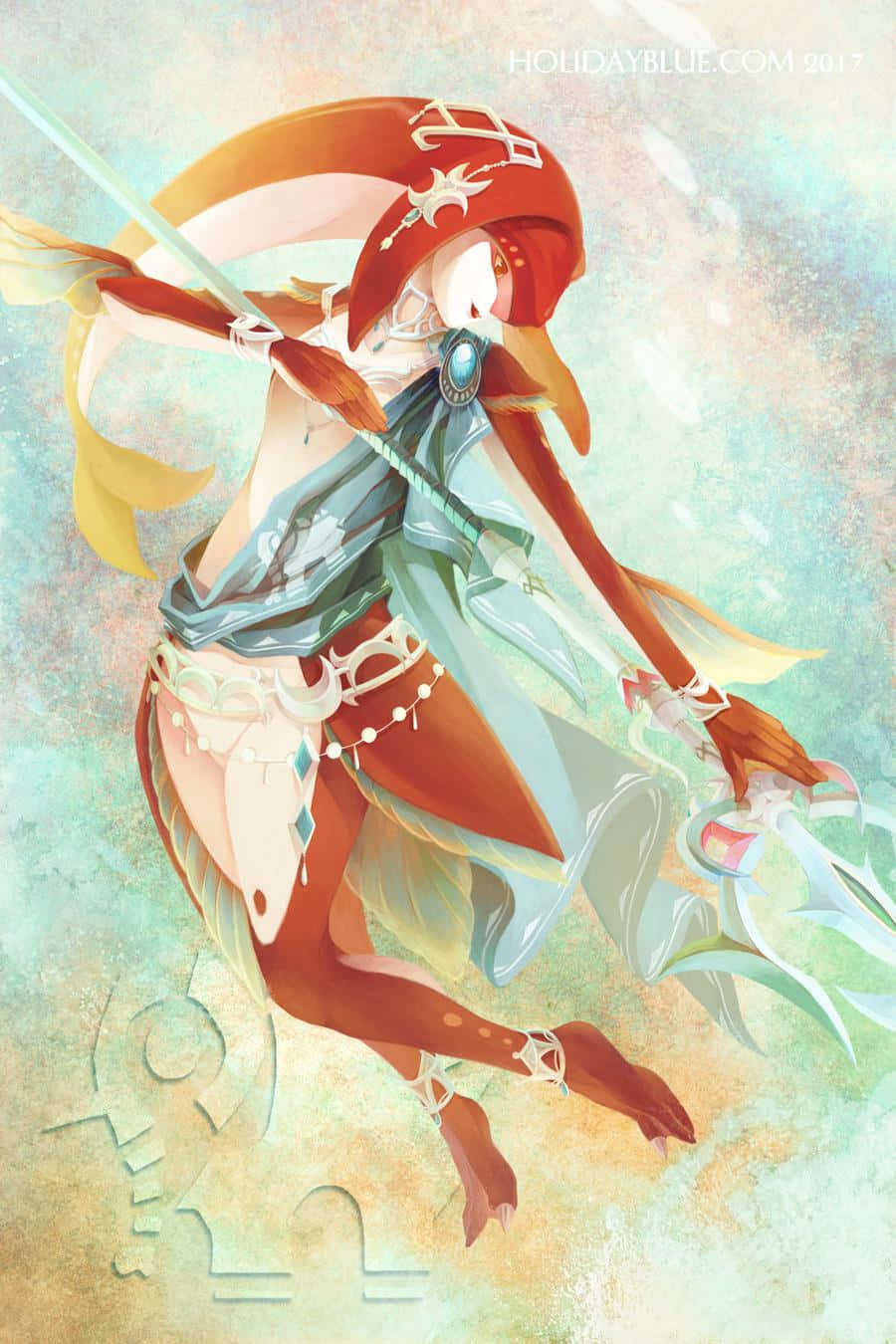 The Legend Of Zelda Mipha 桌布 壁紙 — 一位優雅的動漫戰士，紅髮飄逸，長袍流動，在柔和的青綠色與金色紋理背景中揮舞著發光的劍。
