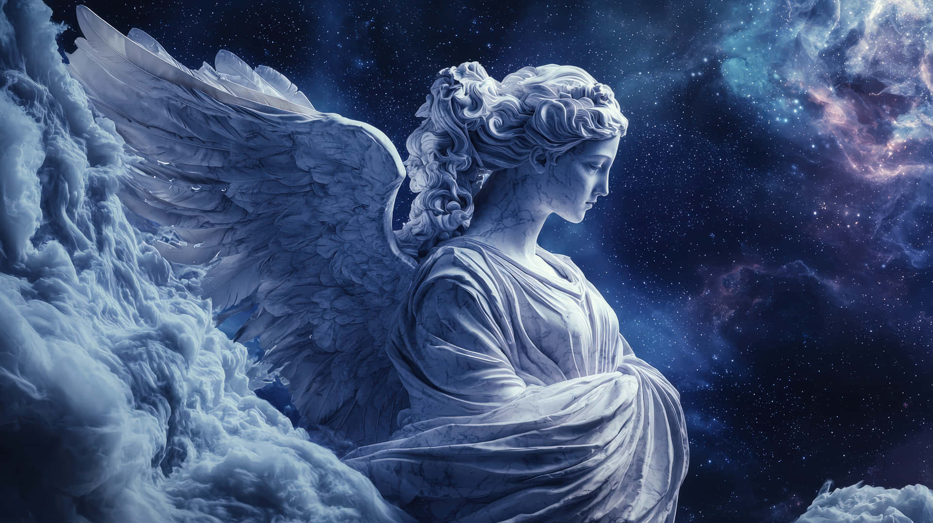 帶翅膀的大理石天使坐在雲端上，背景是星光閃爍的宇宙星雲天空