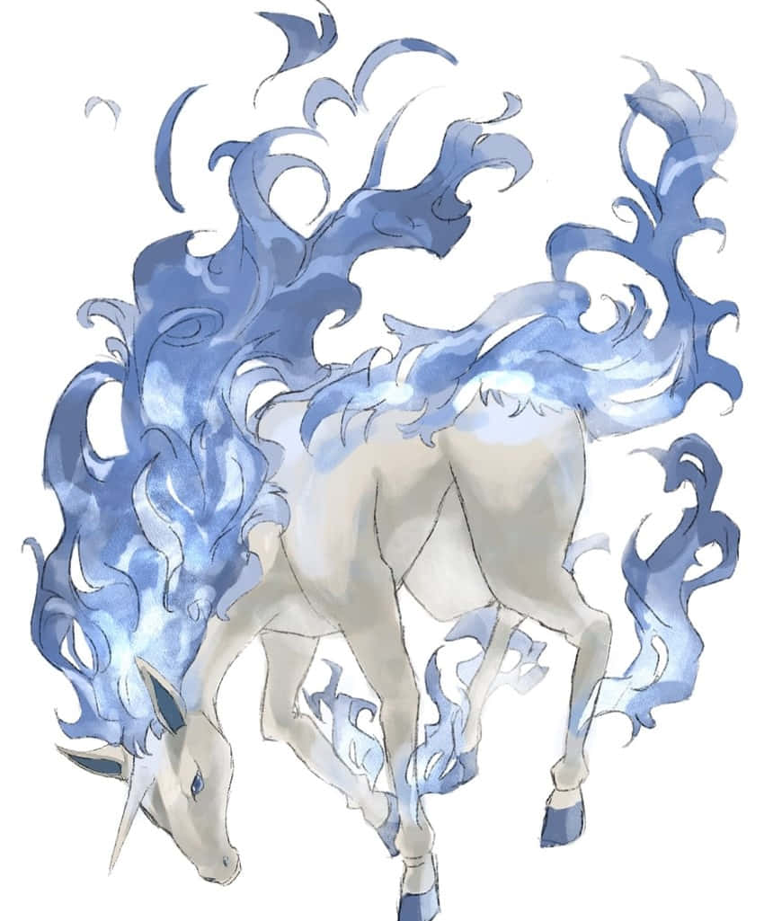 Rapidash 桌布 壁紙 — 一匹優雅的白馬，飄逸著藍色火焰般的鬃毛和尾巴，在純白背景上動態奔馳。
